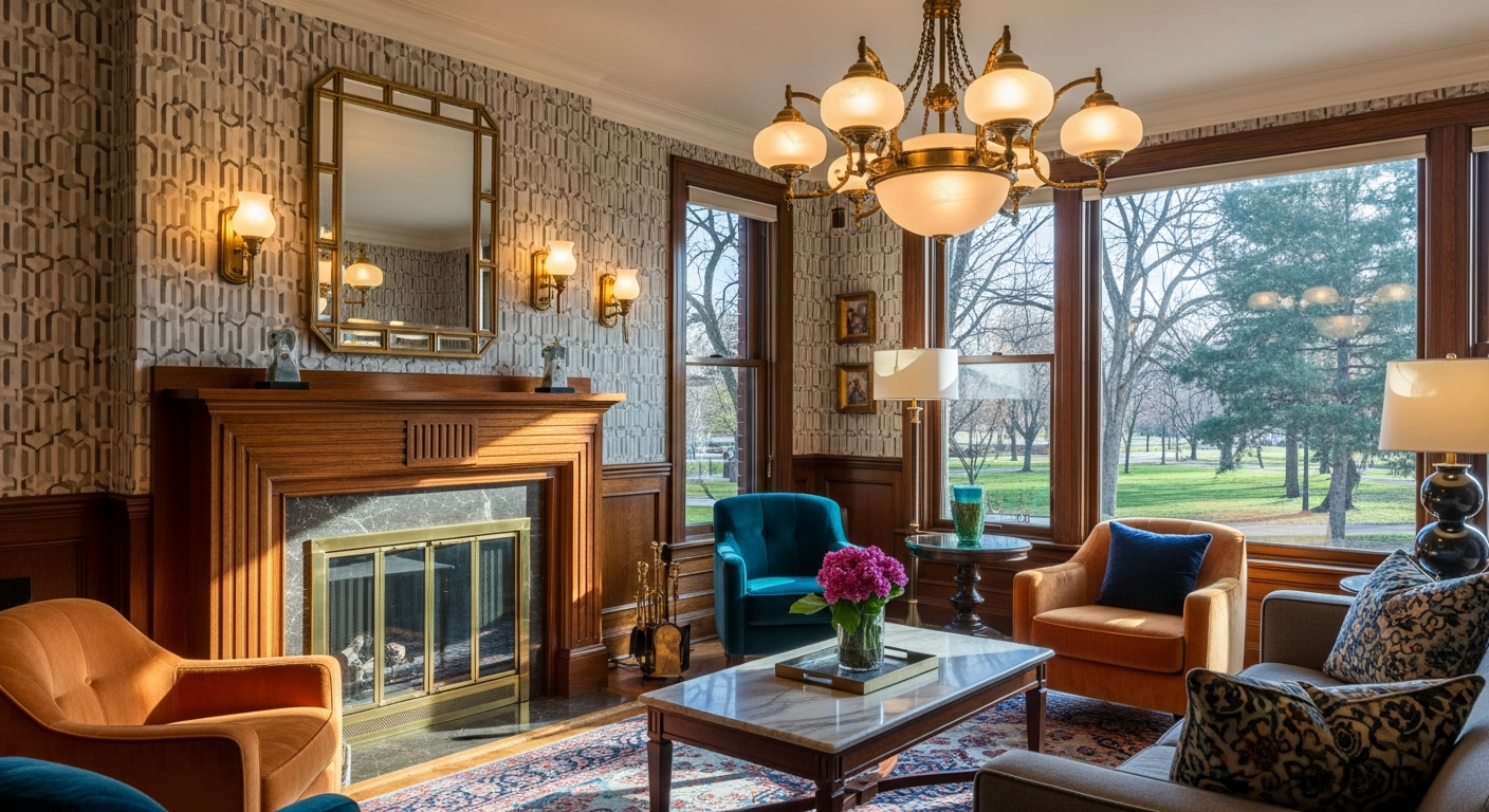 Sophisticated historic Denver apartment interior with art deco details and warm light